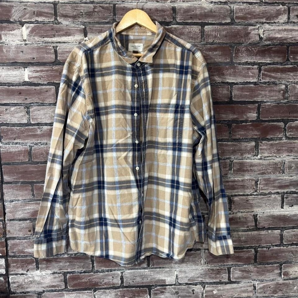 American Eagle Shirt Men XXL Tan Blue Plaid Button Down Casual